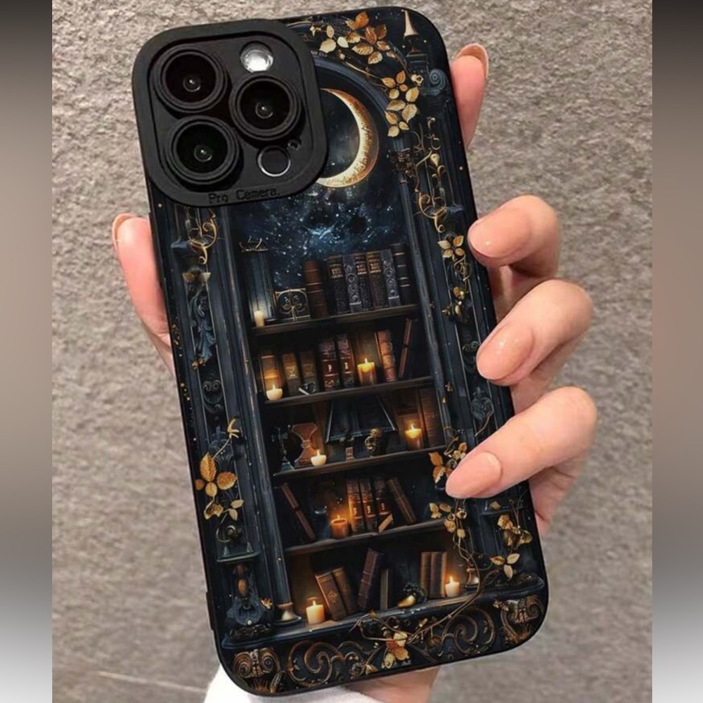 Black Book Case With Gold Moon Printed Design iPhone 14 Pro Phone Case